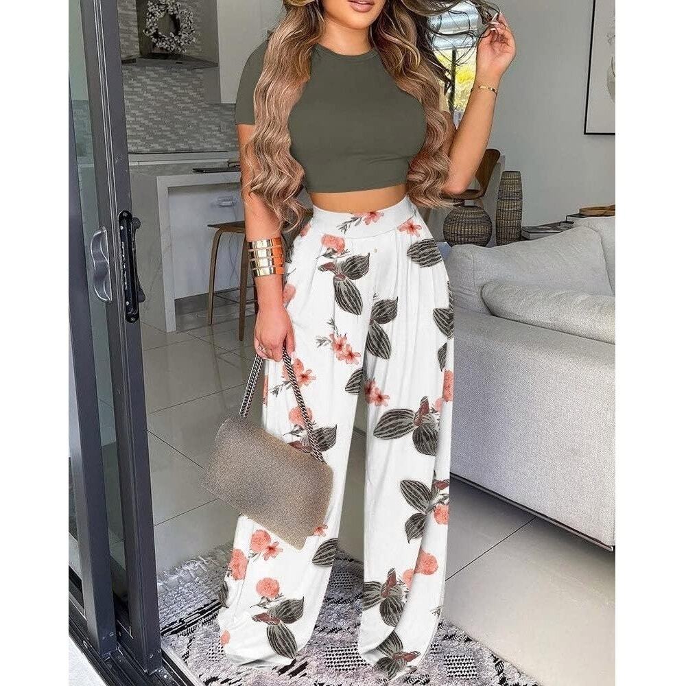 Floral Wide Leg Pants Set Neutral Boho Palazzo Lounge Set M